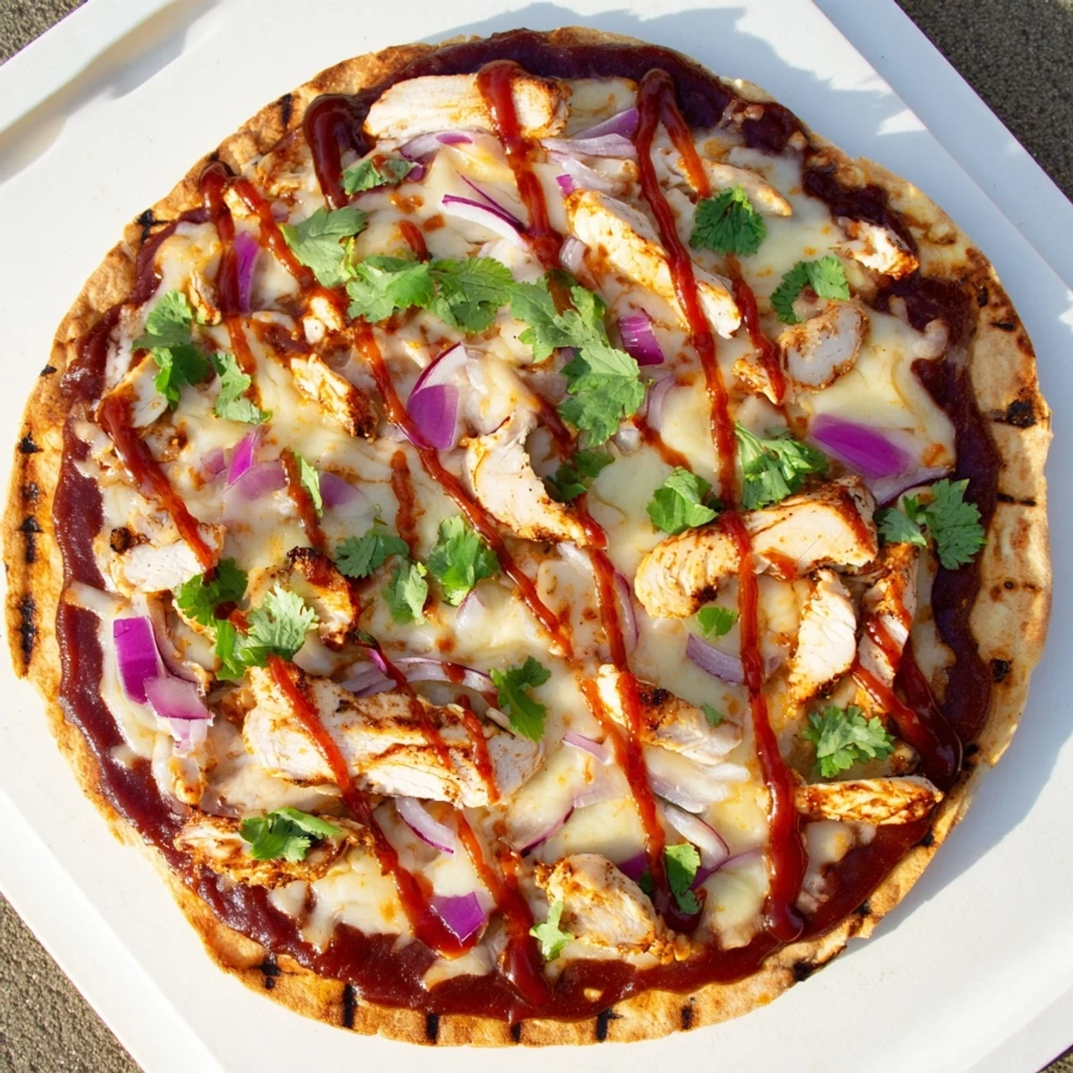 Sliced grilled chicken breast atop smoky BBQ sauce pizza with gouda and fresh cilantro garnish