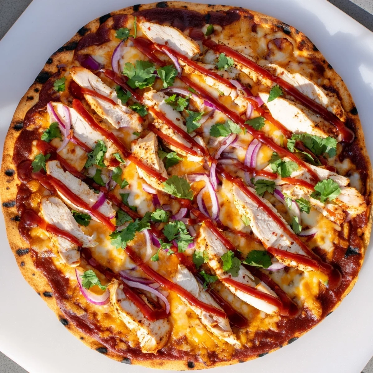 Delicious BBQ chicken pizza featuring bubbling cheese, tender meat, and tangy sauce on grilled dough