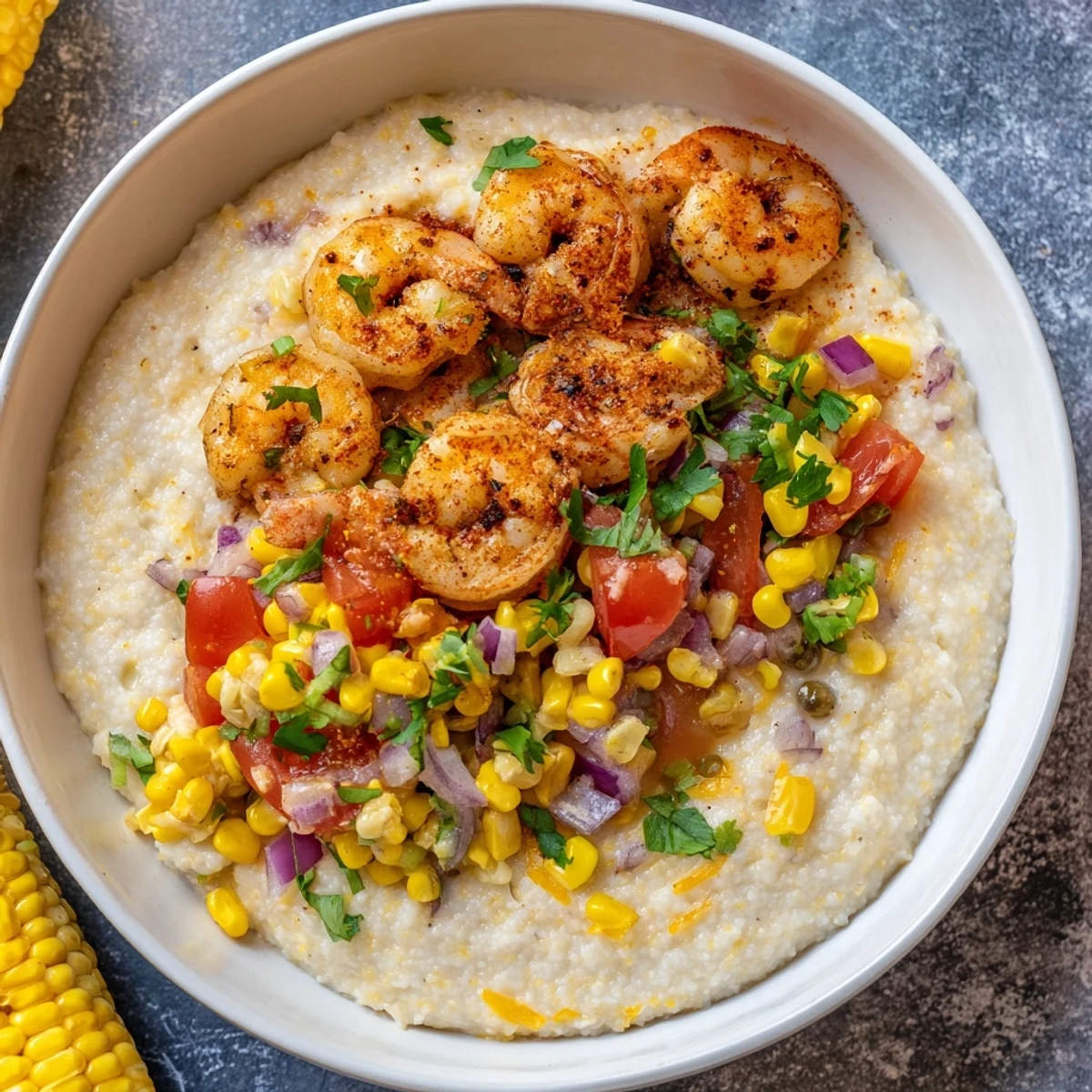 Creamy shrimp grits bowl topped with spicy corn salsa and fresh cilantro garnish