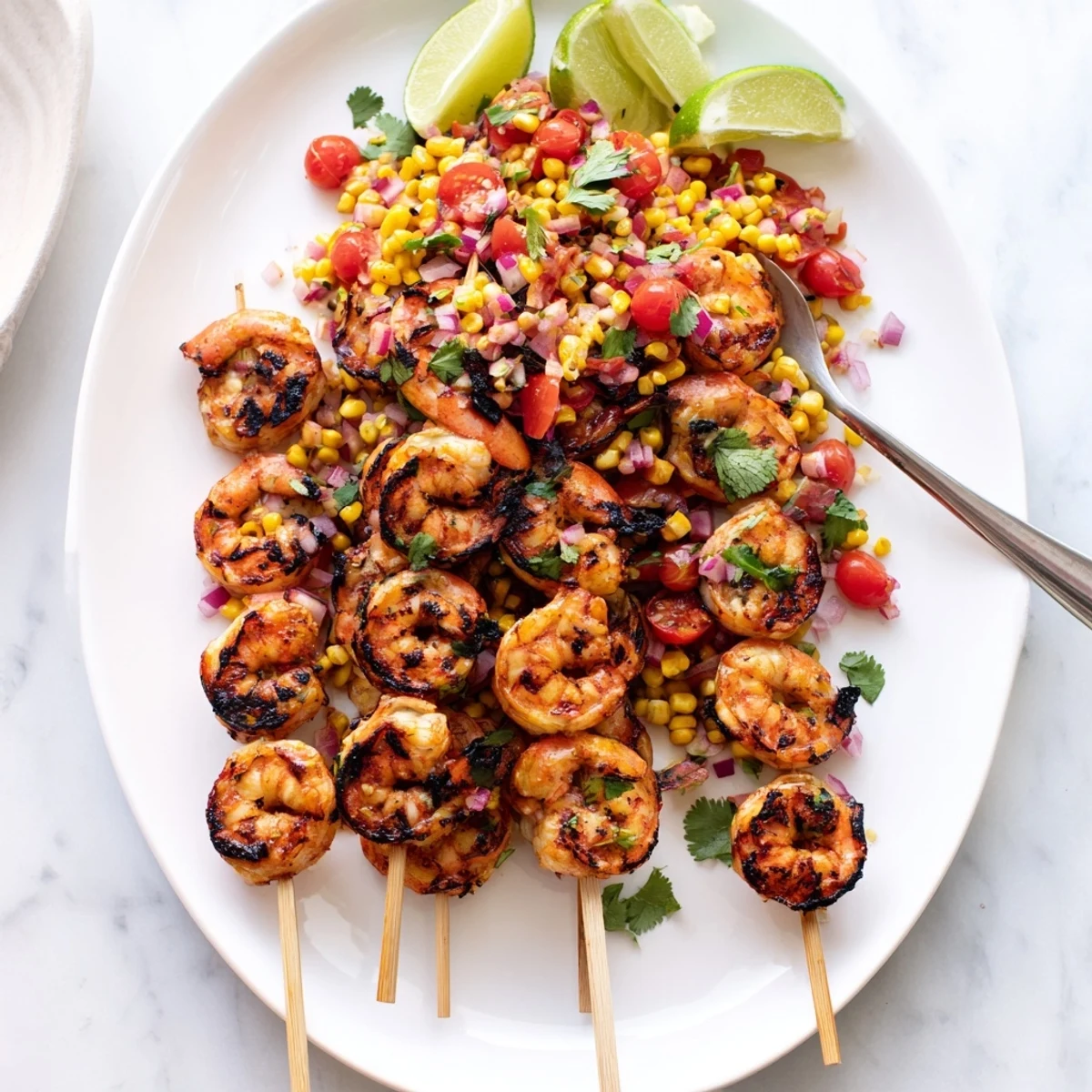 Golden grilled shrimp with smoky spices topped over fresh vibrant corn salsa