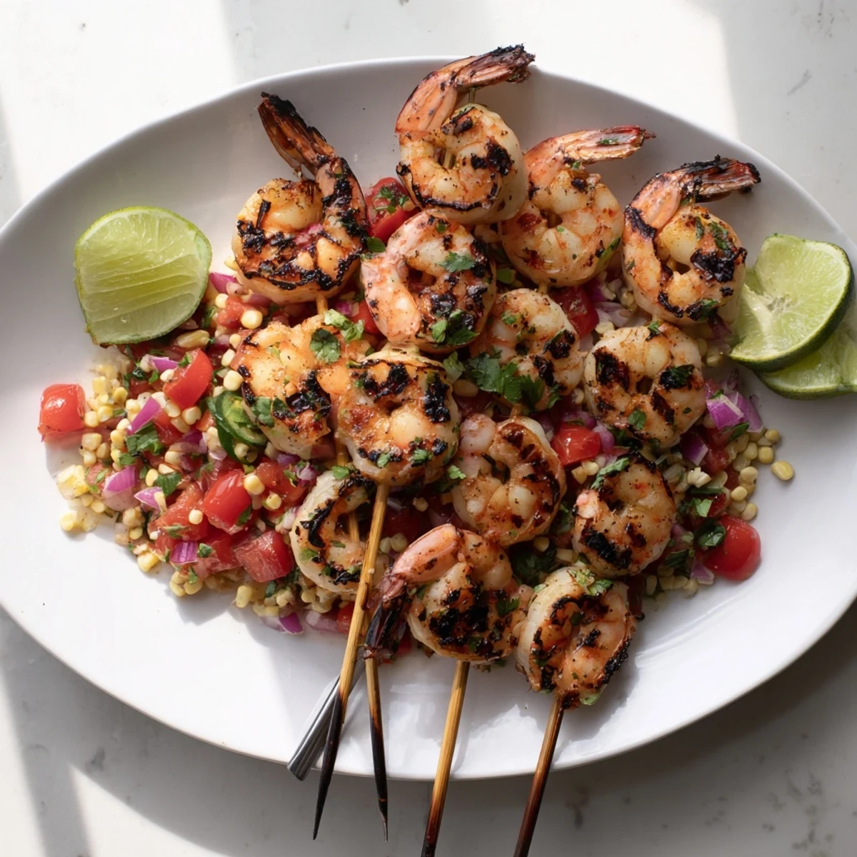 Sizzling skewered spiced shrimp arranged alongside colorful zesty corn salsa garnish