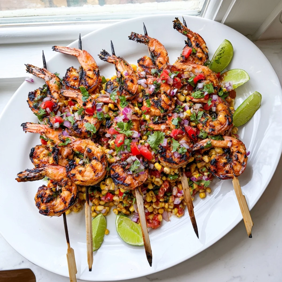 Platter of charred shrimp served with crunchy sweet corn and tomato salsa