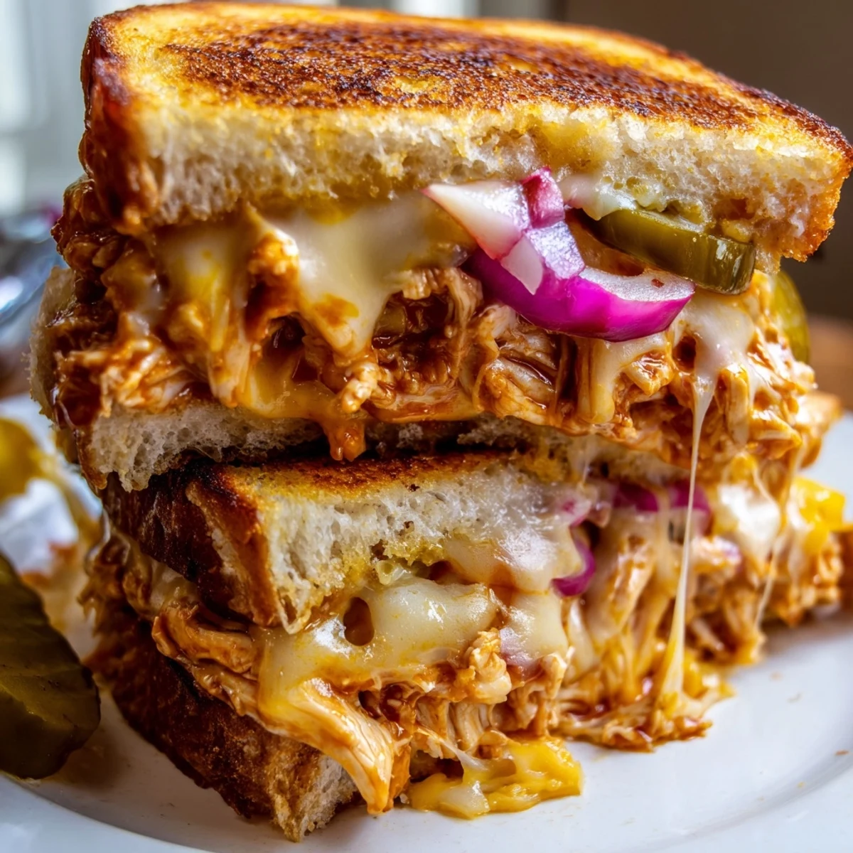 Sliced BBQ chicken grilled cheese sandwich oozing melted cheese on toasted sourdough