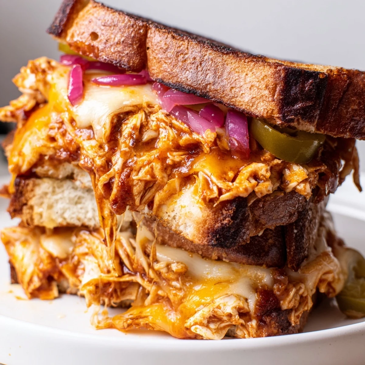 Crispy sourdough BBQ chicken grilled cheese with gooey cheese and smoky chicken layers