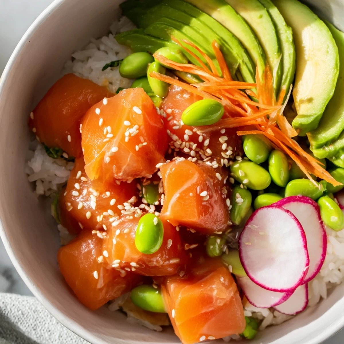 Vibrant salmon and avocado poke bowl with fresh vegetables over seasoned sushi rice