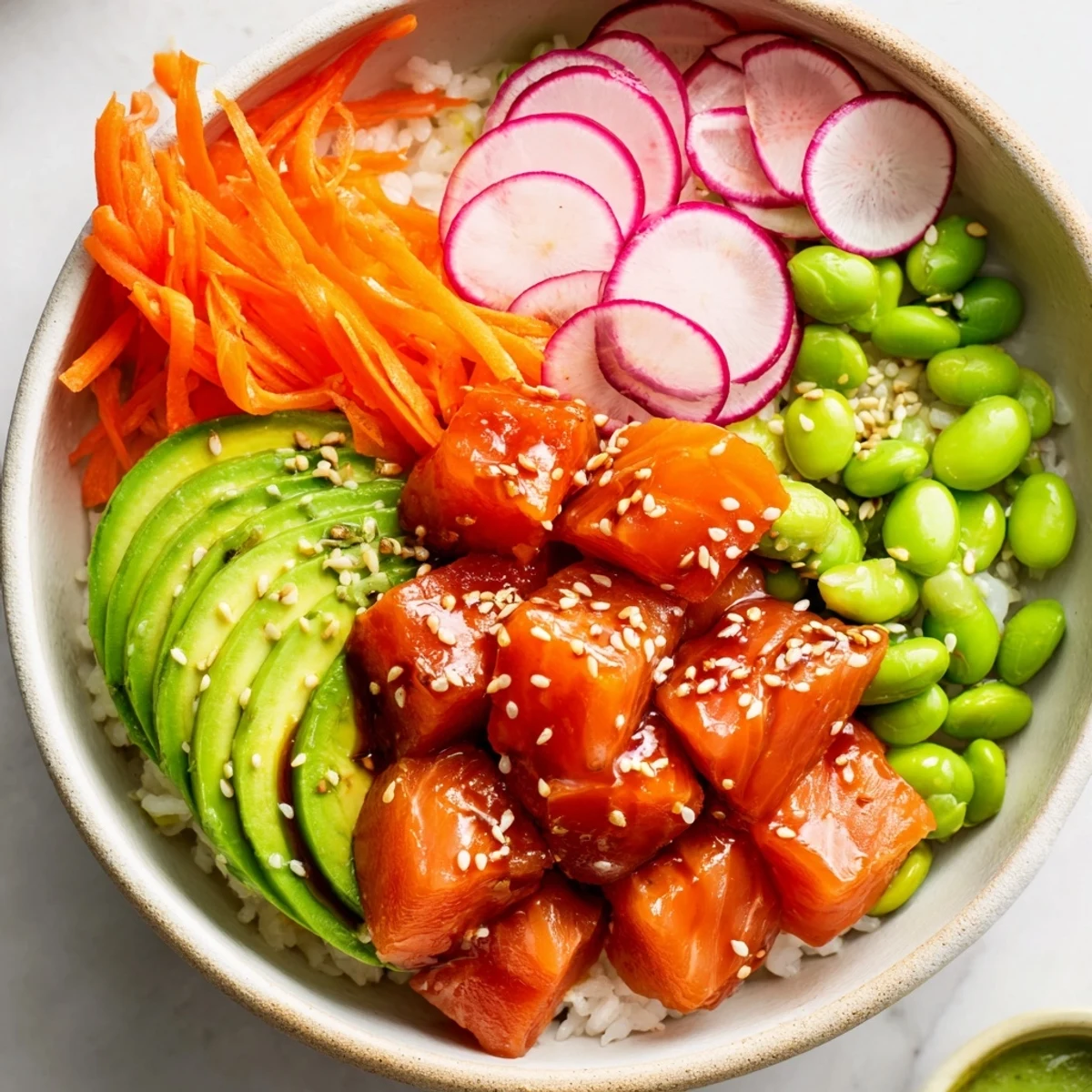 Marinated salmon and avocado poke bowl topped with crisp colorful vegetables and sesame seeds