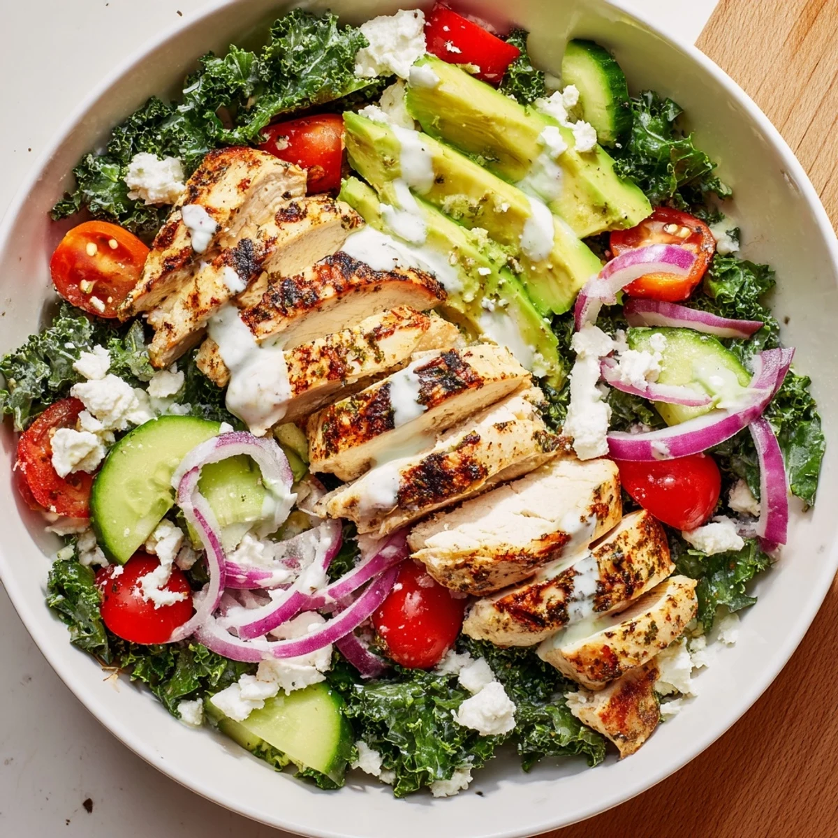 Sliced grilled chicken atop massaged kale with tomatoes, cucumber, avocado, and crumbled feta