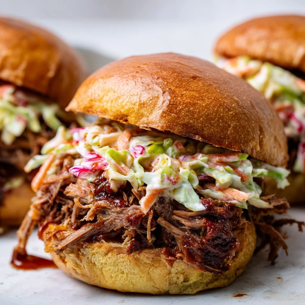 Tender smoky beef piled onto soft brioche slider buns with crisp crunchy cabbage coleslaw