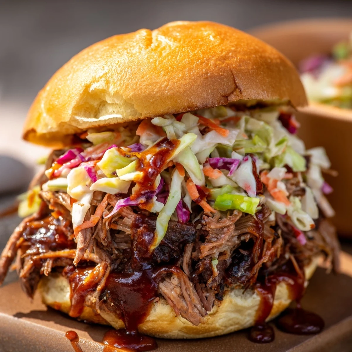 Golden brown BBQ pulled beef sliders topped with colorful coleslaw on toasted brioche buns