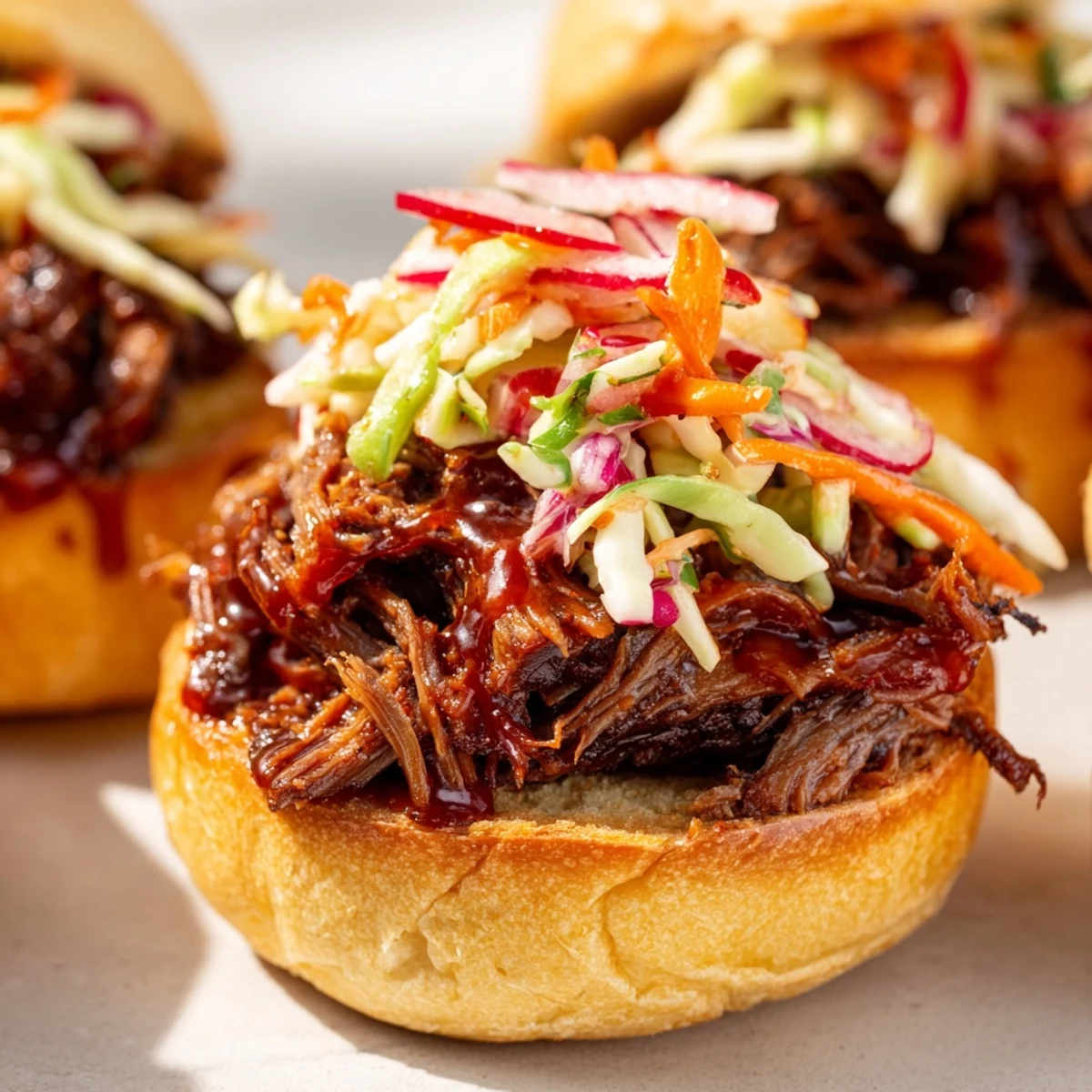Mouthwatering BBQ pulled beef sliders with fresh coleslaw overflowing from golden toasted brioche buns