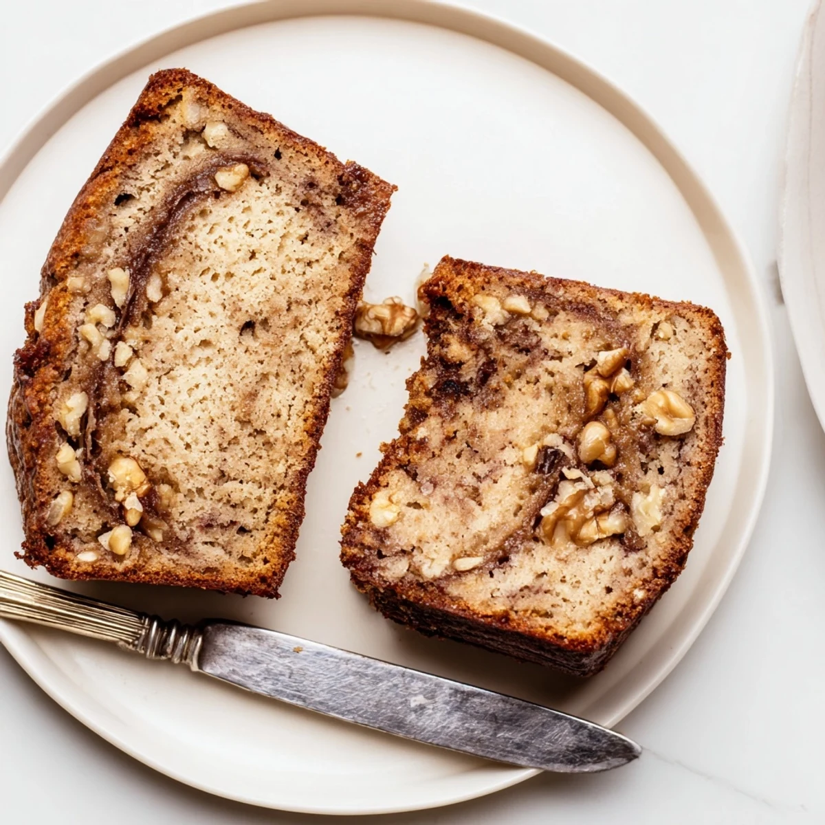 Freshly baked banana nut bread slice revealing moist texture and walnut pieces throughout
