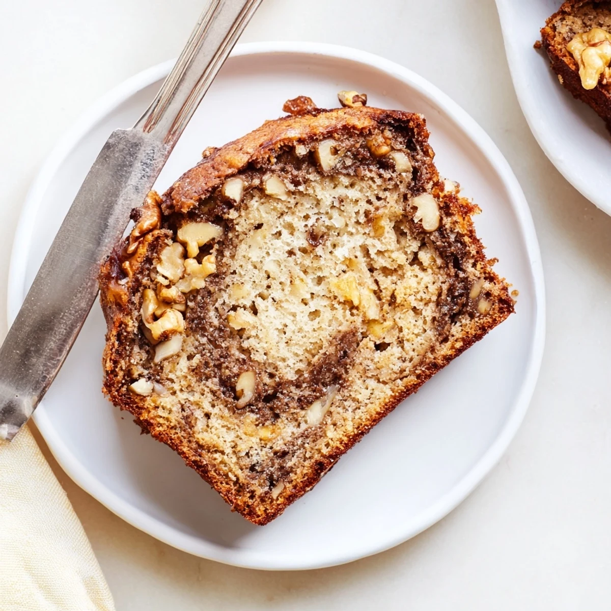Warm banana nut bread with caramelized cinnamon swirl and crunchy walnut topping