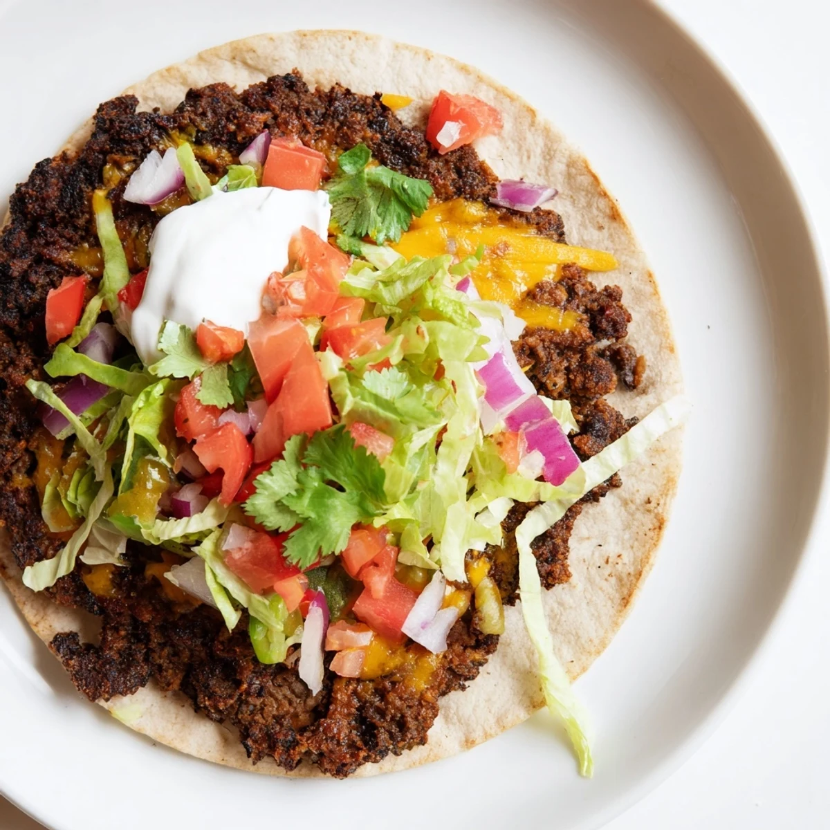Crispy edge beef tacos topped with fresh lettuce, tomatoes, and creamy sour cream