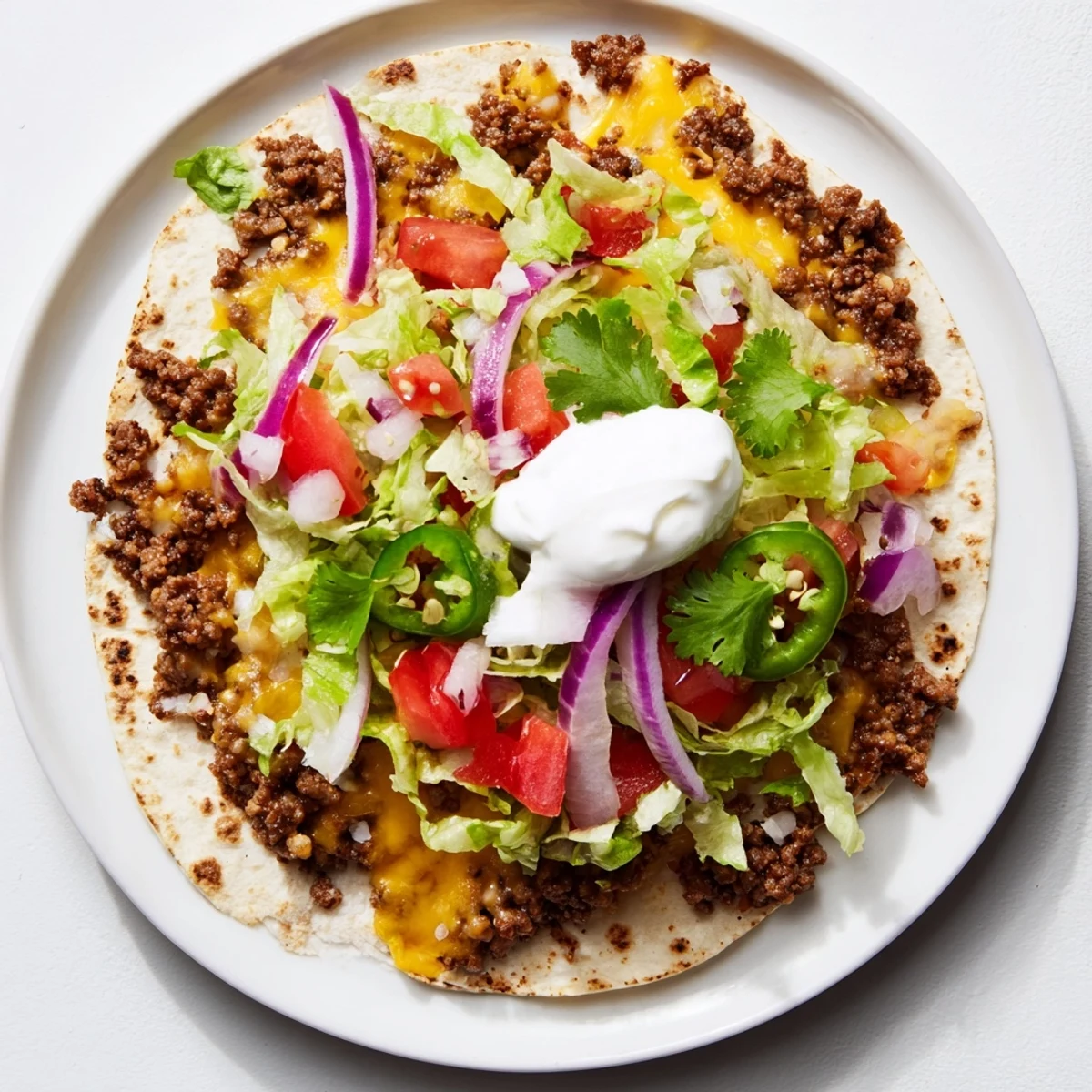 Sizzling smashed beef patties layered with cheddar and Monterey Jack on flour tortillas