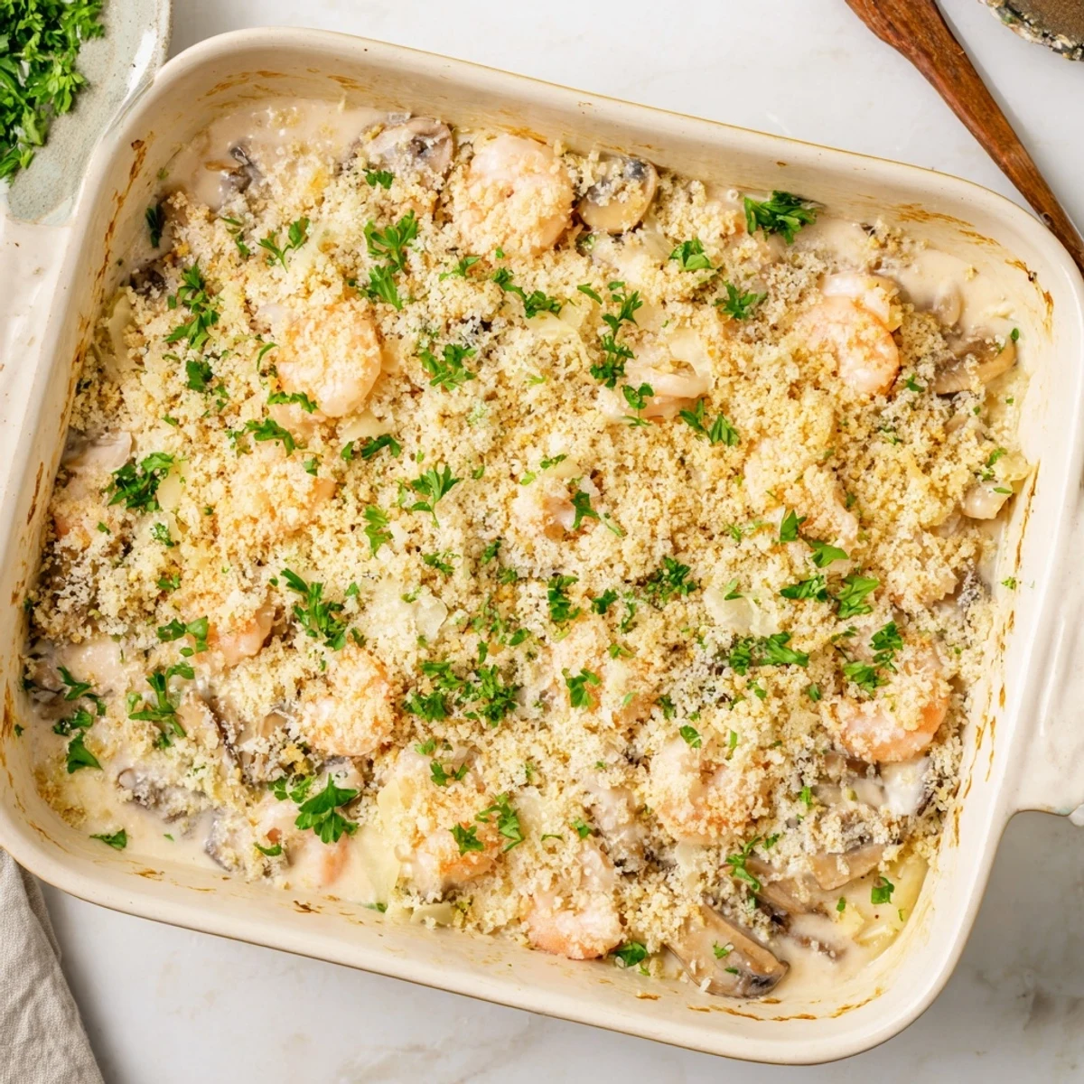 Golden brown shrimp mushroom casserole with crispy panko topping bubbling in a white baking dish