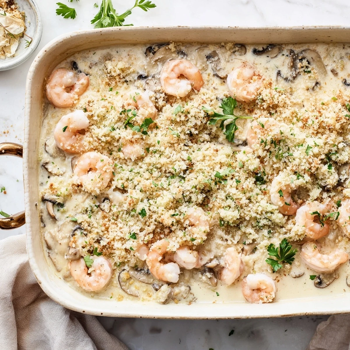 Creamy baked shrimp mushroom casserole served steaming hot with fresh parsley garnish on a rustic wooden table