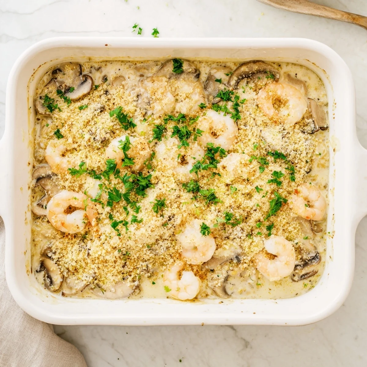 Spoonful of tender shrimp and earthy mushrooms in rich creamy sauce topped with buttery golden breadcrumbs