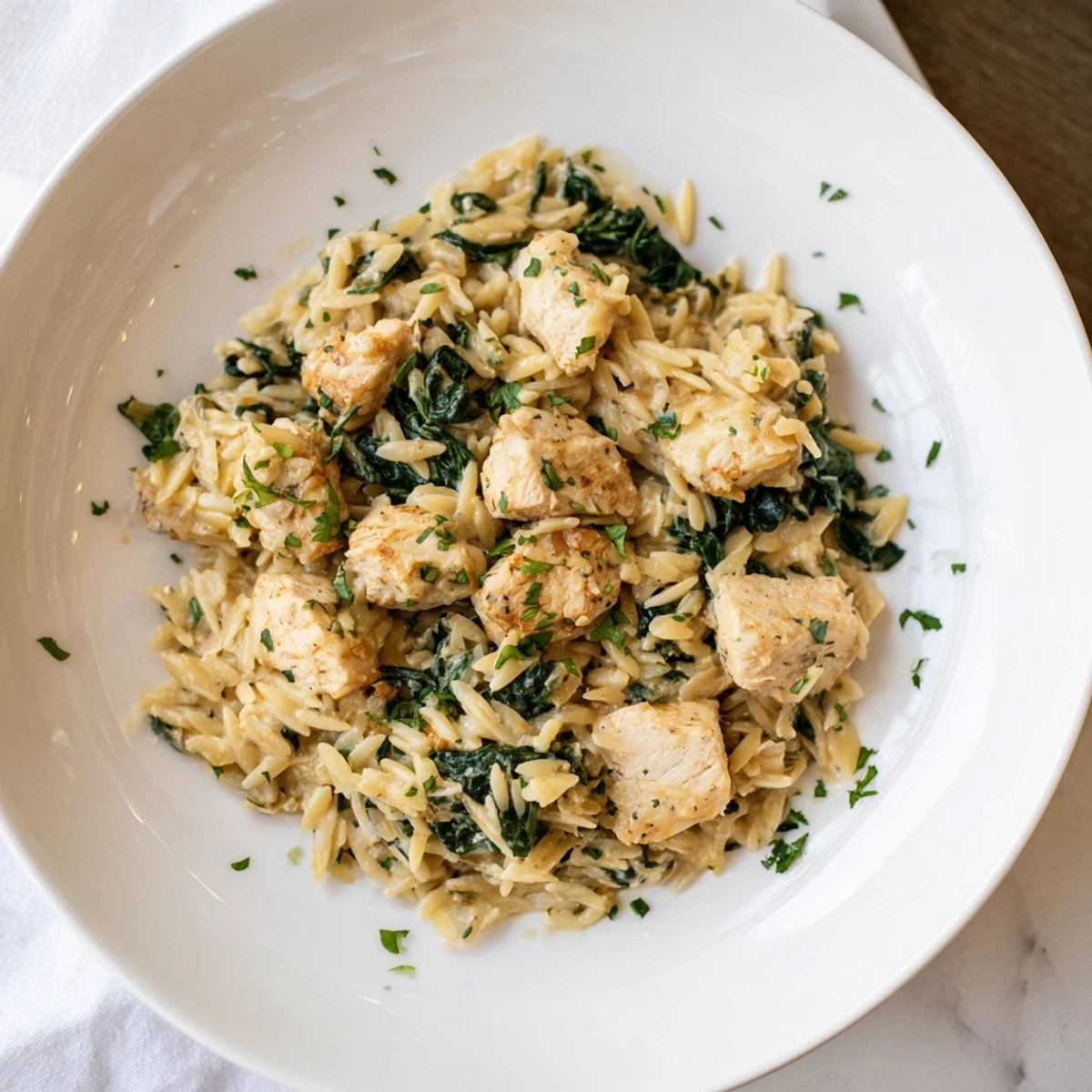 Golden chicken pieces nestled in cheesy orzo pasta with wilted green spinach leaves