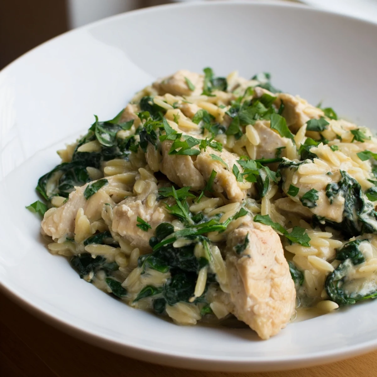 Savory Boursin chicken orzo simmered in a single skillet with vibrant fresh spinach
