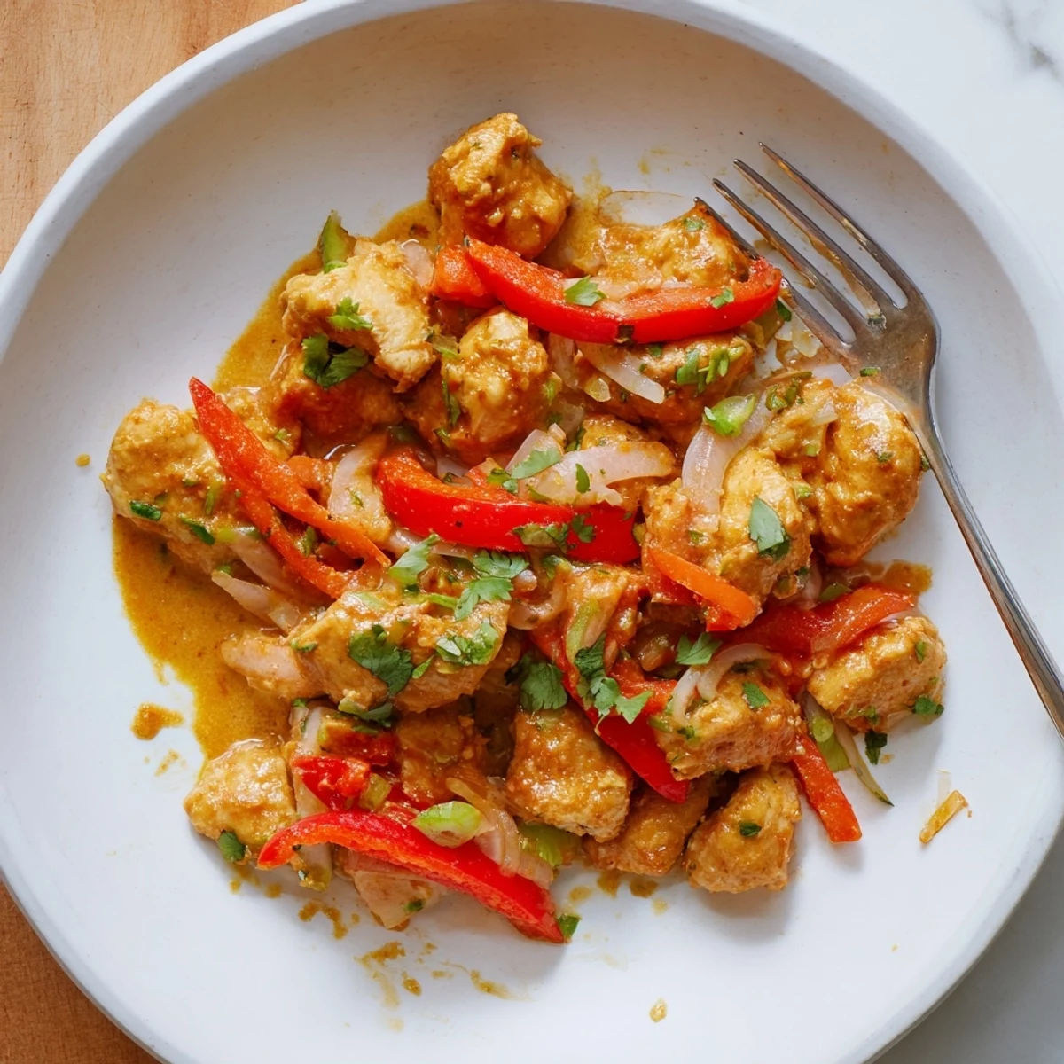 Golden Brazilian coconut chicken swimming in creamy white sauce with vibrant red pepper and green cilantro garnish