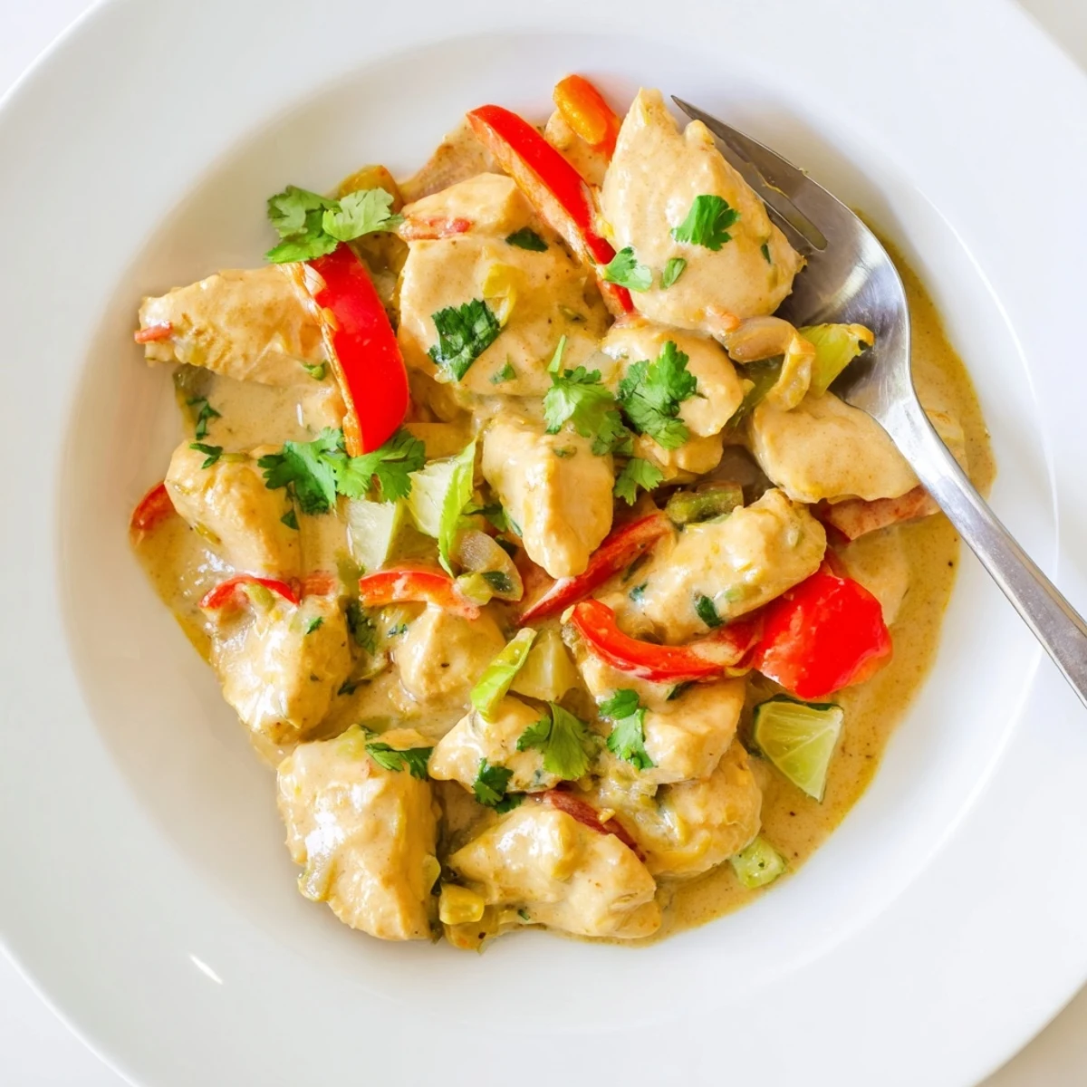 Creamy Brazilian coconut chicken dish served over fluffy white rice with chopped cilantro and sliced red bell peppers