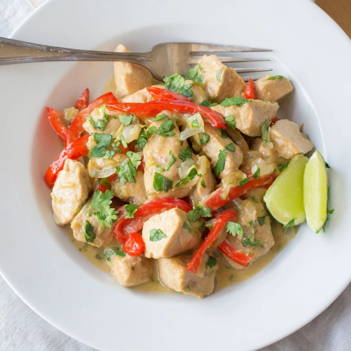 Tender chicken pieces simmered in rich coconut milk sauce with lime wedges and fresh herbs on white plate