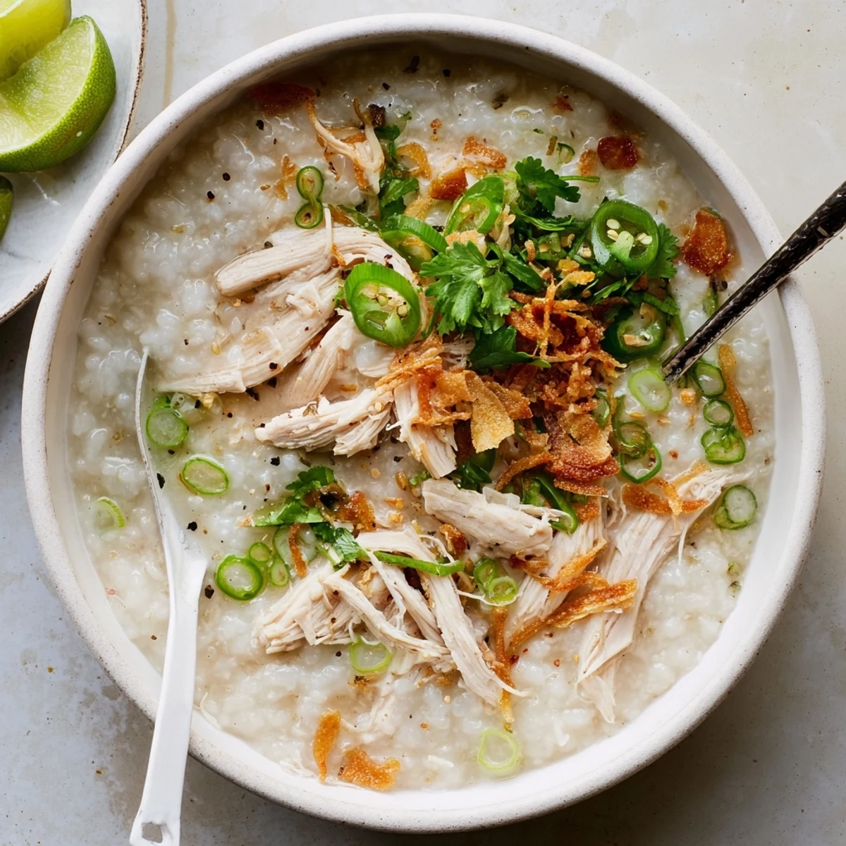 Steaming bowl of Vietnamese chicken rice porridge topped with fresh cilantro, scallions, and tender shredded chicken