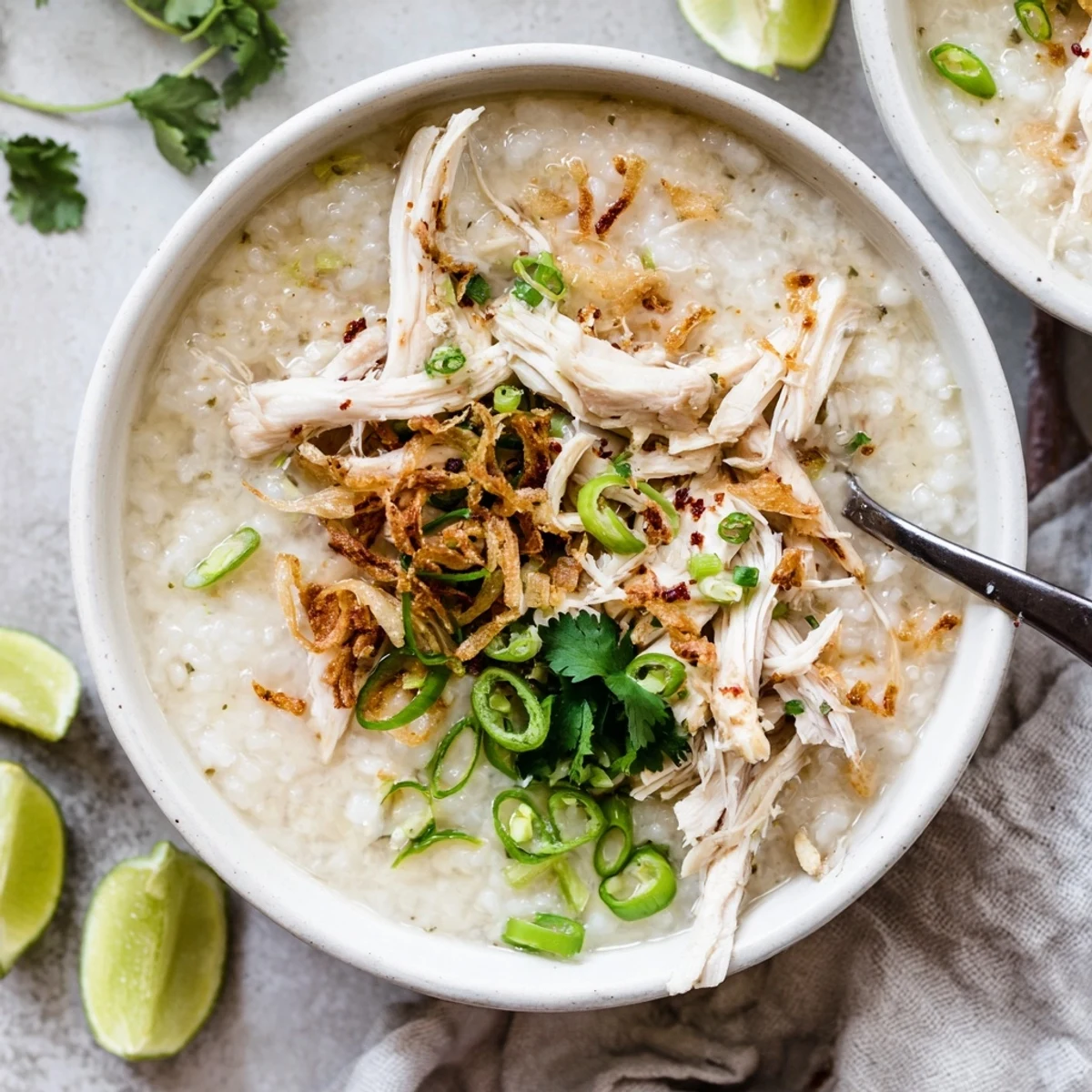 Comforting Vietnamese chicken rice porridge featuring silky rice grains, shredded meat, and vibrant green onion garnish