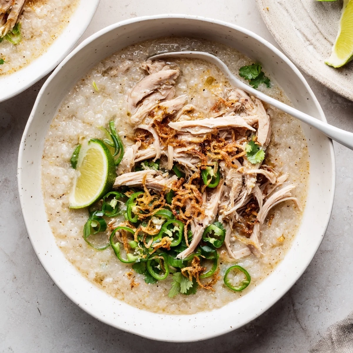 Creamy Cháo Gà garnished with fragrant herbs, fried shallots, and lime wedges in a rustic ceramic bowl
