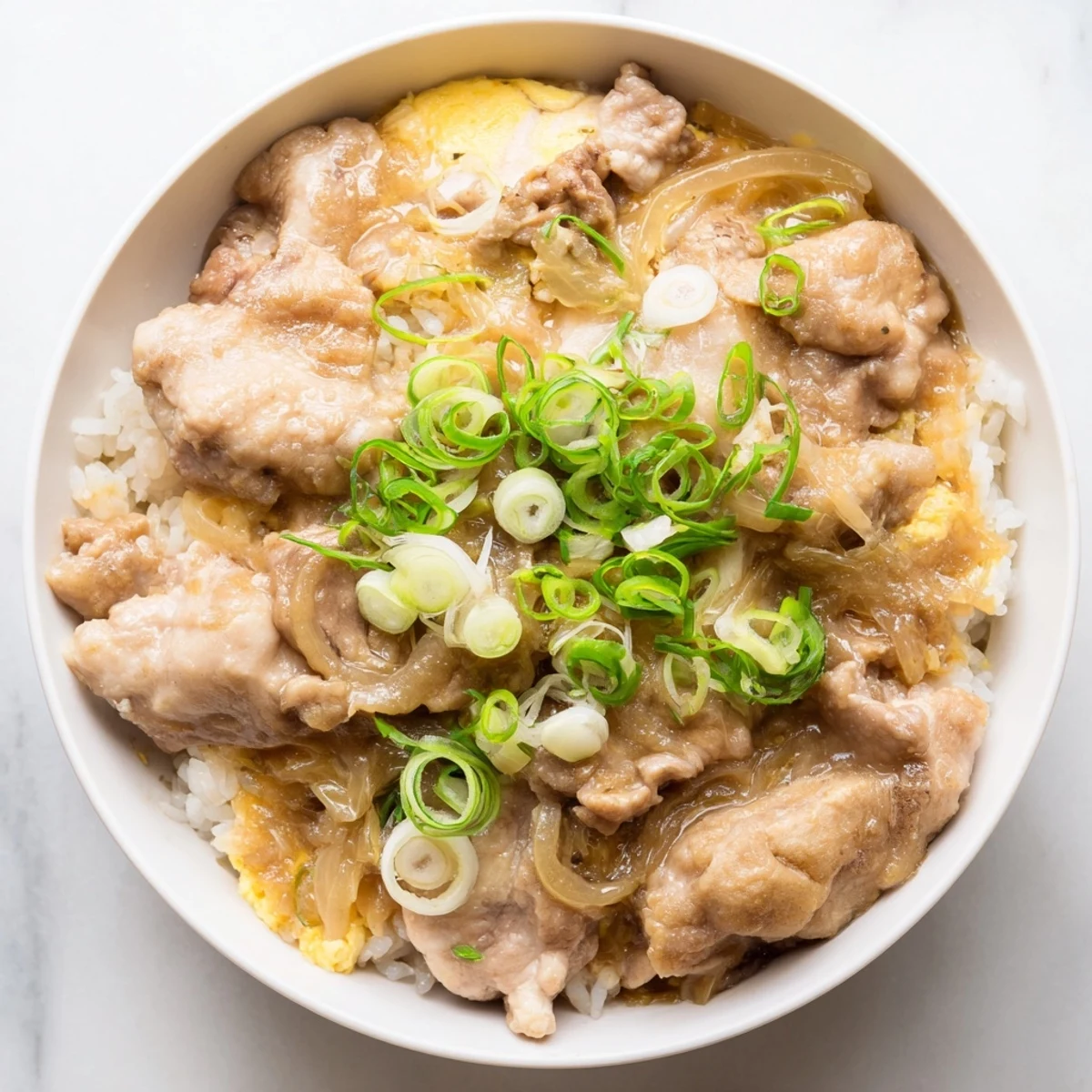Authentic one pot Oyakodon bowl topped with garnish of fresh sliced green onions