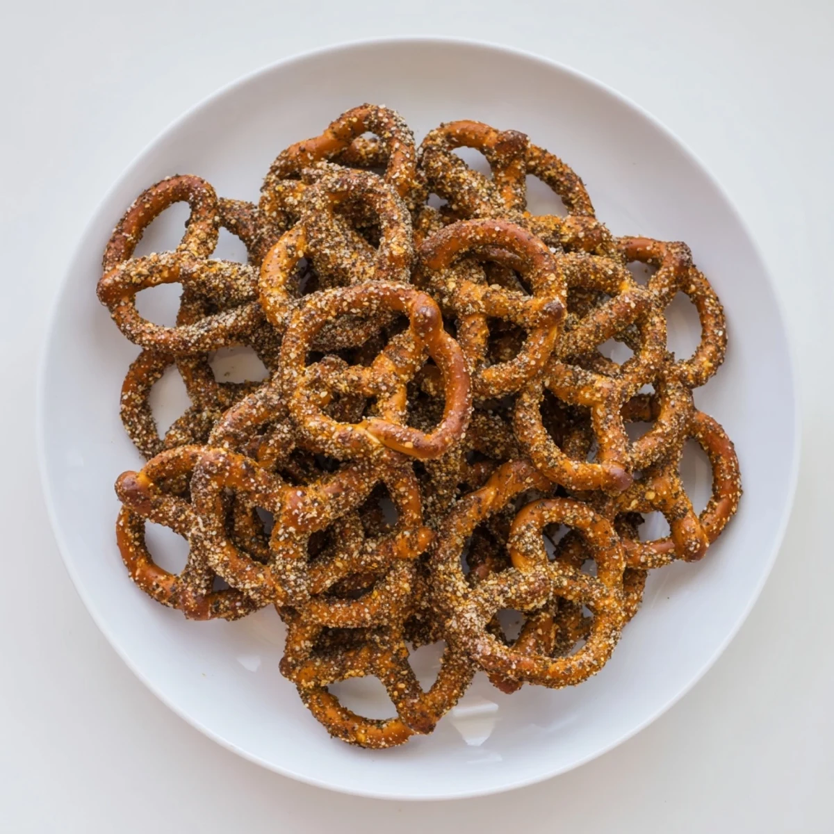 Seasoned snack pretzels baked with dill pickle juice and ranch dressing mix topping