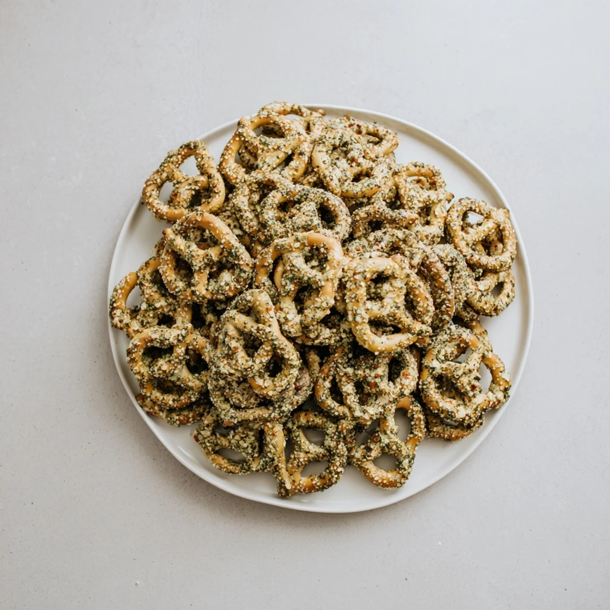 Baked pretzel twists tossed in tangy dill pickle and ranch spices until crisp