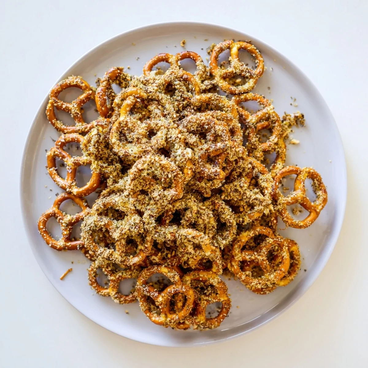 Golden brown pretzels generously coated with zesty dill pickle ranch seasoning mixture
