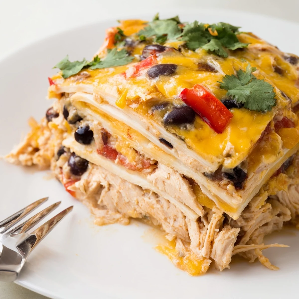 Sliced creamy chicken taco lasagna showing layers of tender chicken black beans and cheese