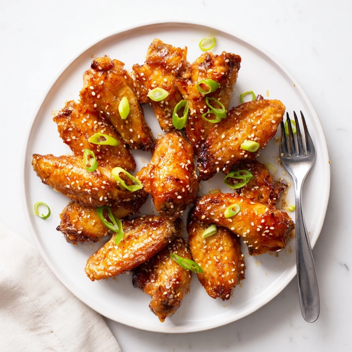 Golden sticky teriyaki baked wings glazed with shiny homemade sauce and sprinkled with sesame seeds