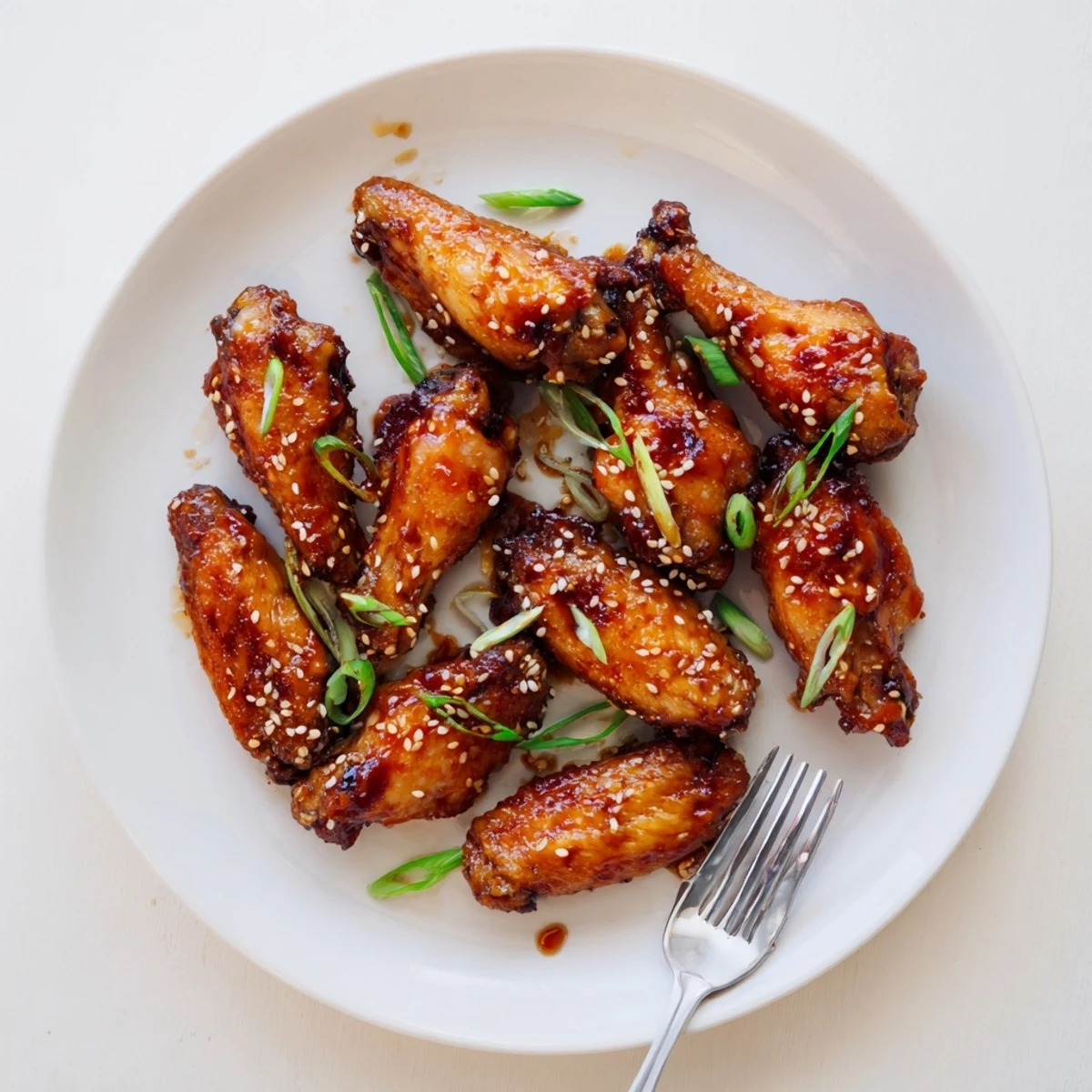 Succulent teriyaki wings arranged on a serving plate with sticky caramelized coating and toasted sesame topping