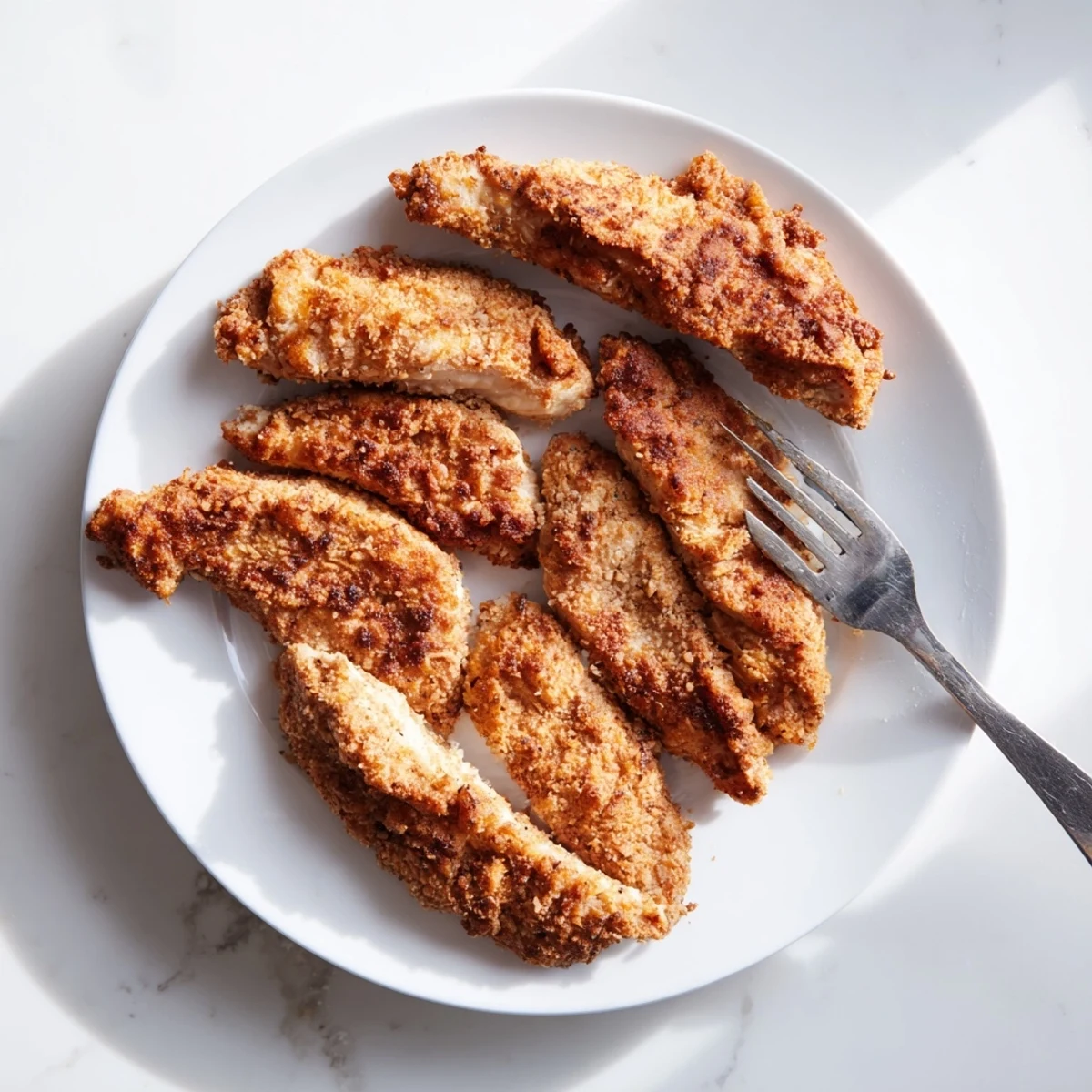 Golden air fryer chicken tenders with crispy panko coating served on a white plate