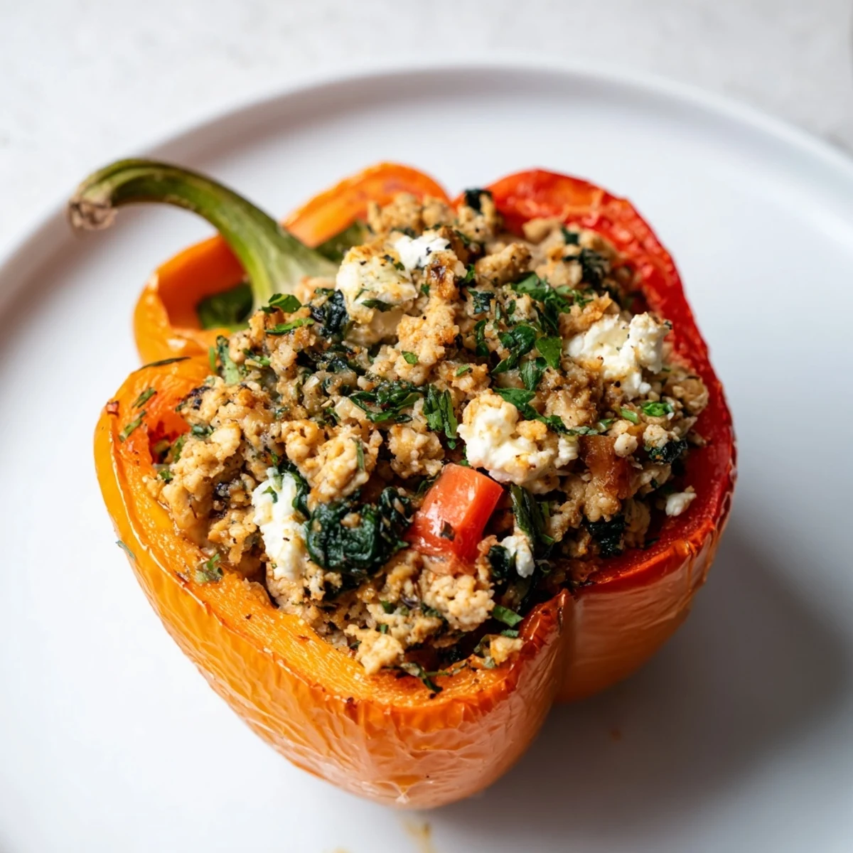Vibrant bell peppers overflowing with savory Mediterranean spiced chicken filling and fresh aromatic herbs