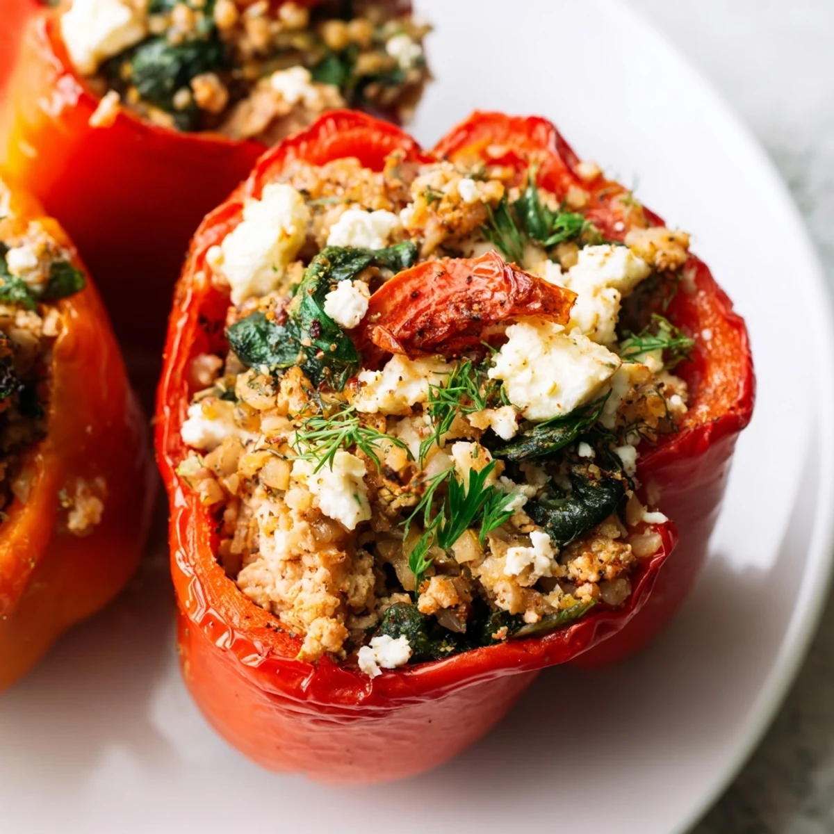 Golden brown ground chicken Greek stuffed peppers baked to tender perfection with melted feta cheese