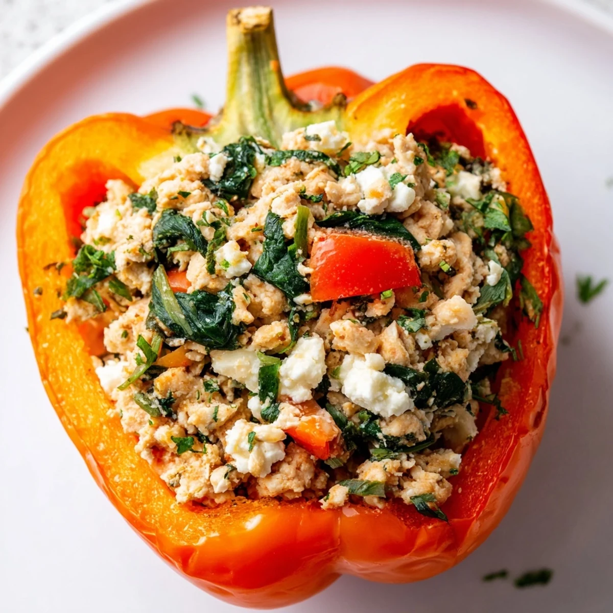 Oven-baked Greek stuffed peppers featuring seasoned ground chicken, crumbled feta, and tender roasted vegetables