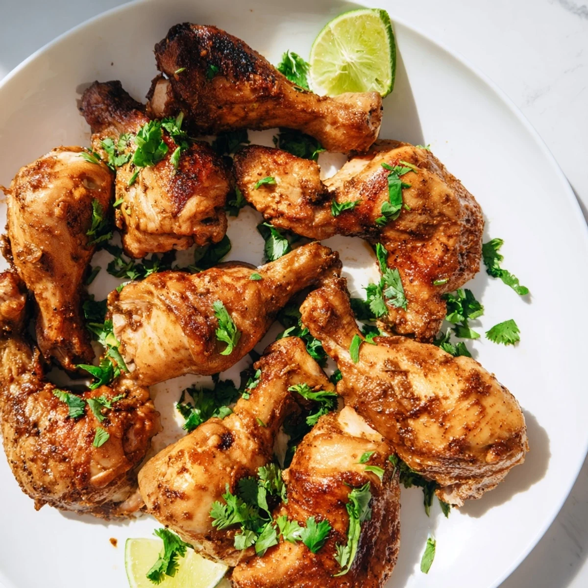 Tender Ina Garten Indonesian chicken pieces served over steamed jasmine rice with zesty lime wedges on white plate