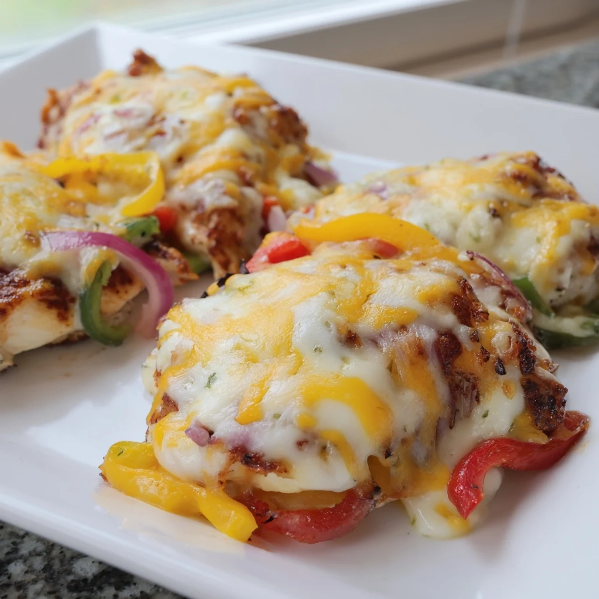 Juicy seasoned chicken breast nestled among colorful red yellow green bell peppers under a crispy cheese topping