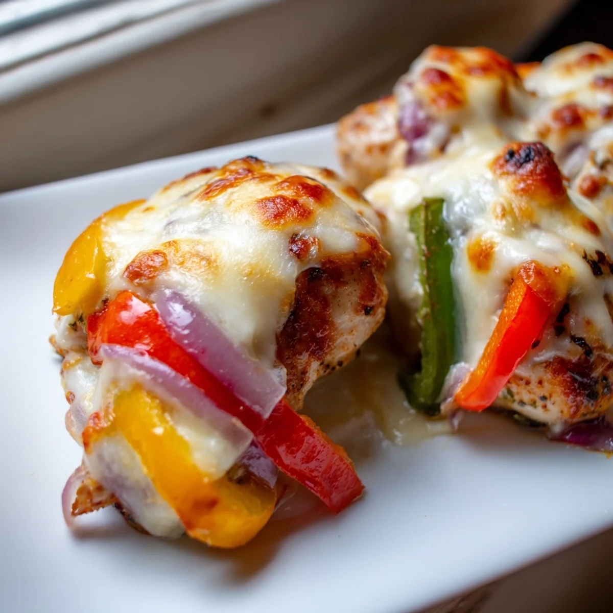 Golden melted cheddar and mozzarella topped cheesy baked chicken breast and peppers bubbling in a white baking dish