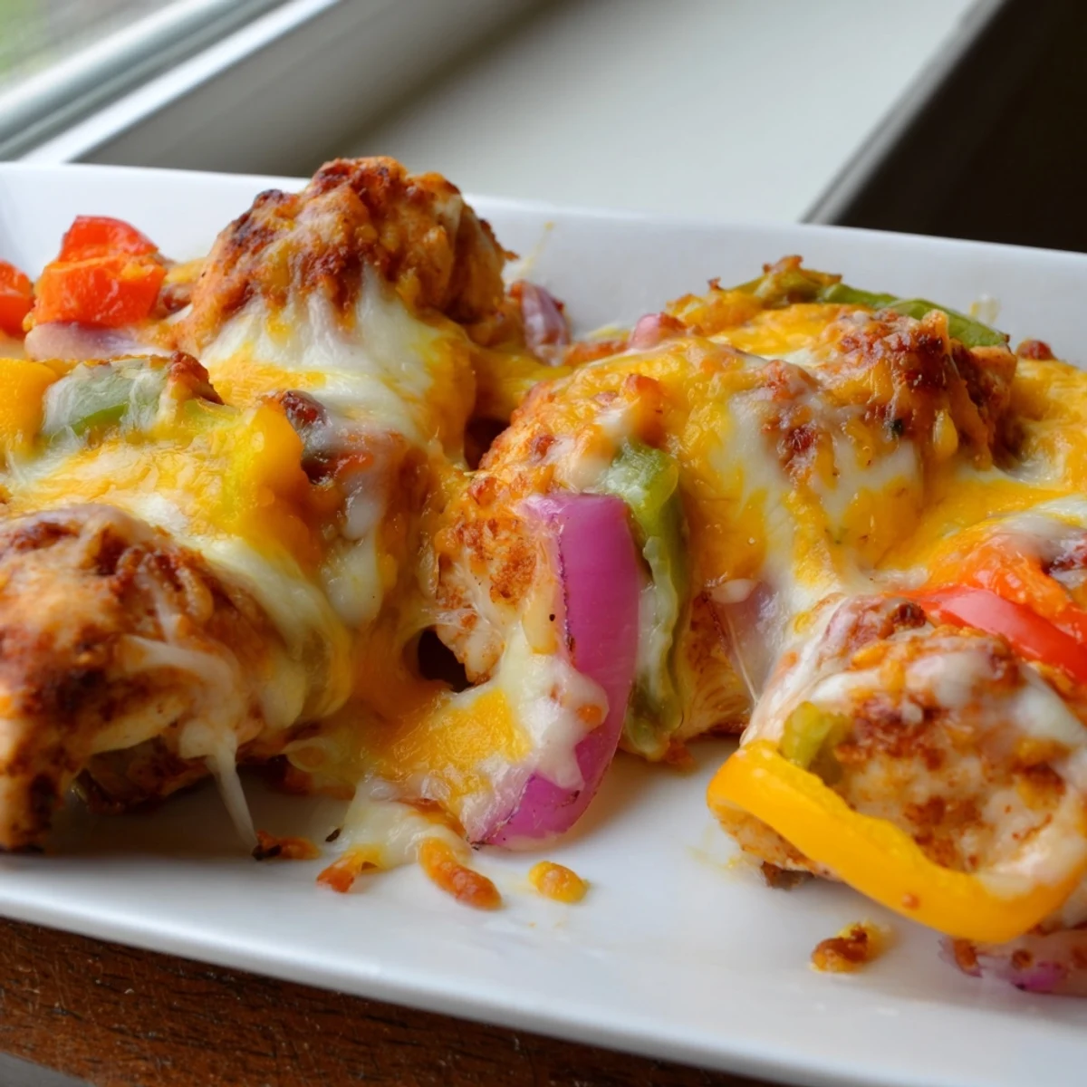 Home style cheesy baked chicken breast and peppers casserole with spicy seasoned meat and vibrant roasted vegetables