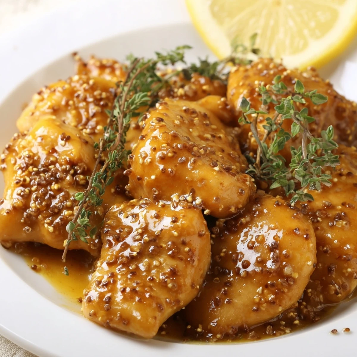 Tender chicken resting in thick honey mustard glaze garnished with fresh parsley
