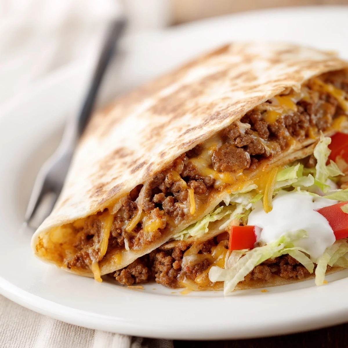 Ultimate Cheesy Beef Crunch Wraps sliced, gooey cheese oozing, skillet-toasted edges