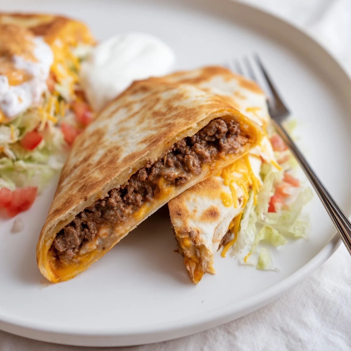 Close up of Ultimate Cheesy Beef Crunch Wraps, crunchy shell, melty cheese inside