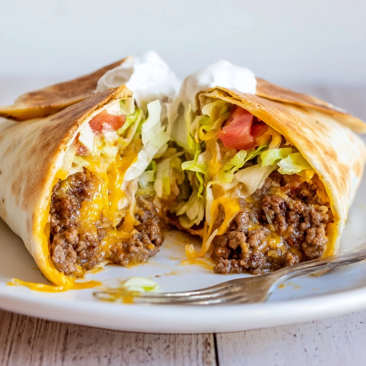 Warm Ultimate Cheesy Beef Crunch Wraps with crisp tostada layer and salsa