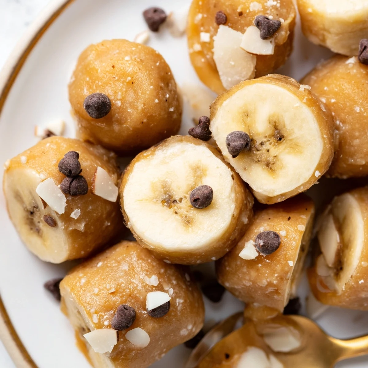 Frozen Banana Yogurt Bites with creamy yogurt coating and sprinkled mini chocolate chips