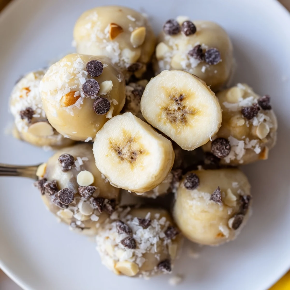 Chilled, creamy and sweet, Frozen Banana Yogurt Bites topped with shredded coconut